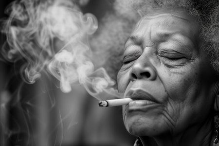 African elderly woman smoking with her eyes closed. Black and white image.の素材