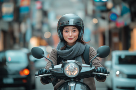 Smiling business asian woman riding a scooter on the streetの素材