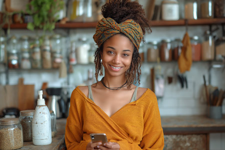 Smiling young Afro woman text messaging leaning by spray bottle at kitchen counter.の素材