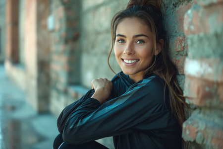 A young woman, with a beaming smile, poses confidently while leaning on an aged brick wall, as the warm glow of the setting sun illuminates her.の素材