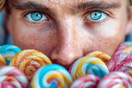 Starring man hiding behind lollipop. Close-up.の素材