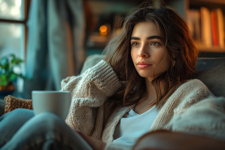 A woman is seated on a couch, holding a cup of coffee in her hands.の素材