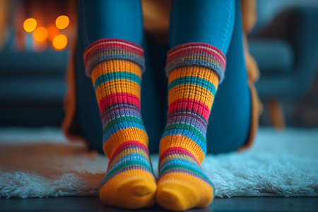 Woman wearing multi colored socks in living room.の素材