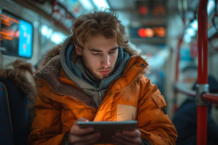 Young man sitting in a train looking at tablet.の素材
