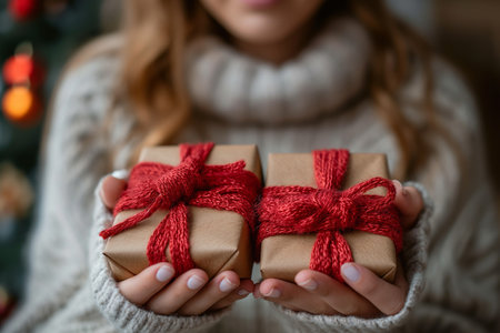 Woman giving christmas presents against white background.の素材