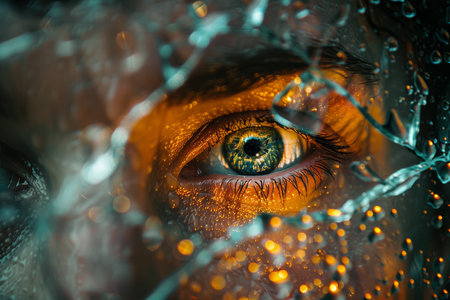 A detailed view of a persons eye as seen through a fragmented piece of shattered glass, creating a distorted and fragmented reflection.の素材