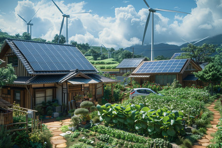 In the foreground, quaint country homes stand proudly, adorned with solar panels glistening under the sun's rays. Ecological concept.の素材