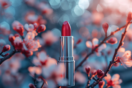 A vibrant red lipstick is elegantly presented against a backdrop of delicate spring blossoms, capturing the essence of beauty and renewal.の素材