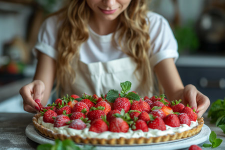 Young woman garnishing pies with strawberries and mint.の素材