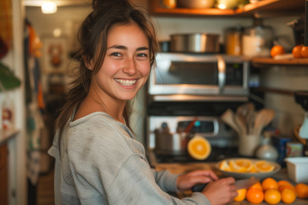 Woman smiling while cutting orange standing in kitchen at home.の素材
