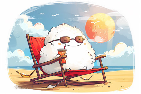 A cartoon sheep is seated comfortably in a chair on the sandy beach, seemingly enjoying the sunny weather and ocean view.の素材
