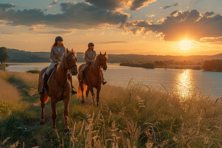 A couple of individuals are seen riding on the backs of horses together, enjoying a shared equestrian experience.の素材
