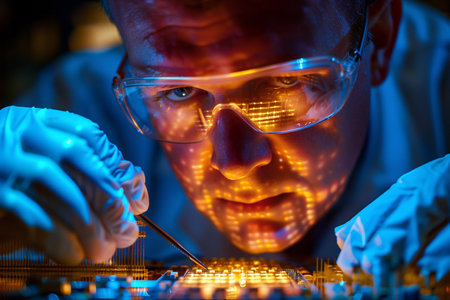 Researcher holds small microcircuit with tongs.の素材