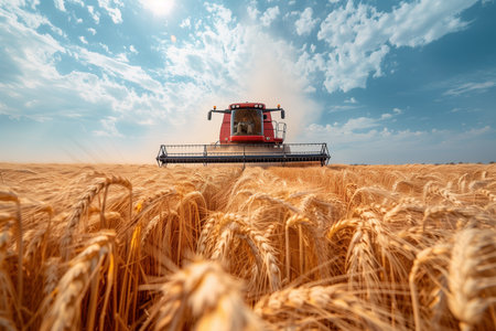 Combine harvester at wheat field on sunny day.の素材