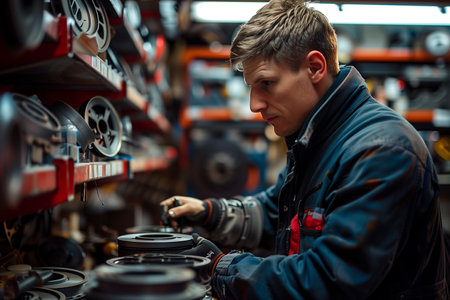 Auto mechanic in a workshop looking at car brake discs.の素材