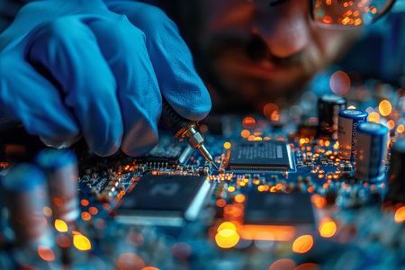 A man wearing blue gloves is focused on working on a circuit board, carefully handling wires and components with precision.の素材