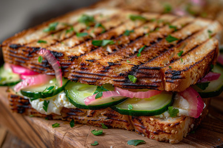 Grilled sandwiches with cucumbers- creamed goat cheese and pickled onions.の素材