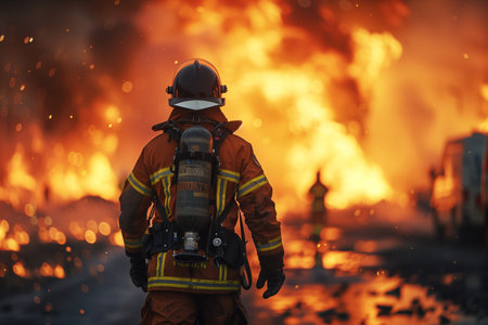 A firefighter standing in front of a massive blaze, ready to combat the flames with protective gear and equipment.の素材