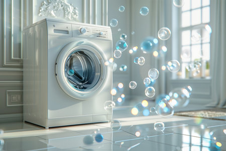 A washing machine placed on a clean white floor, ready for laundry tasks.の素材