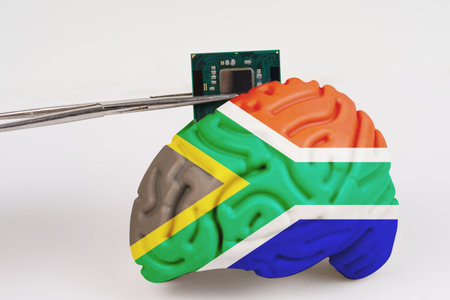 On a white background, a model of the brain with a picture of a flag - South Africa, a microcircuit,...