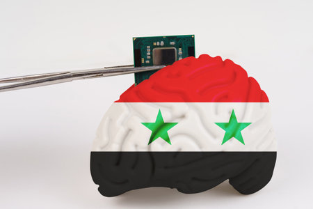 On a white background, a model of the brain with a picture of a flag - Syria, a microcircuit, a...