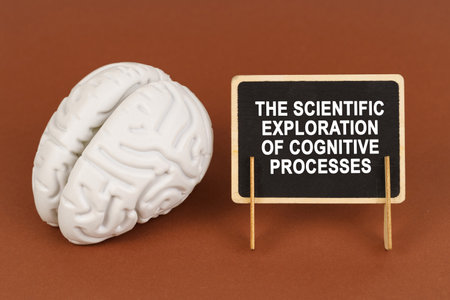 On a brown background, a model of the brain and a sign with the inscription - The scientific...