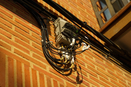 A brick wall covered in a multitude of wires, creating a complex network of connections and pathways.の写真素材