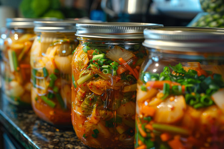 Traditional Korean cucumber kimchi snack: cucumbers stuffed with carrots, green onions, garlic and sesame, fermented vegetables, horizontal orientationの素材