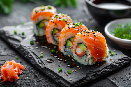 Rolls with rice and fish soy sauce on a dark stone.の素材