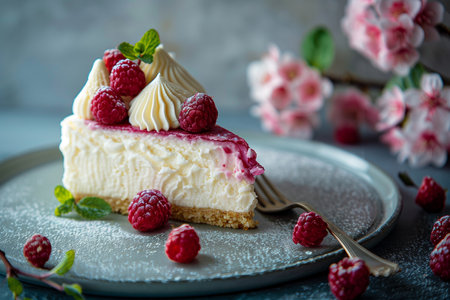Rhubarb cheesecake with meringue, decorated with flowers, lies in a plate on the table. Close-upの素材