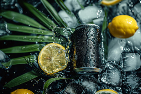 A can of soda sits on a bed of ice cubes, surrounded by slices of fresh lemons. The condensation on the can highlights the cold drinks refreshing nature.の素材