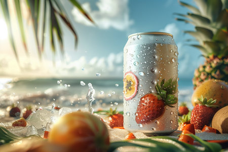 A can of soda sitting on the sandy beach surrounded by fresh strawberries and oranges.の素材