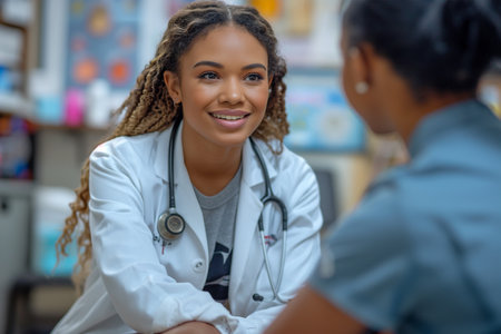 A female doctor in a white coat conversing with a male patient in a hospital room.の素材