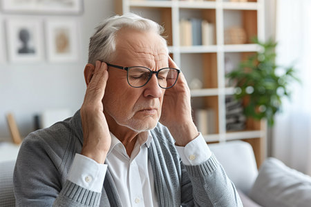 An older man wearing glasses is sitting on a couch in a living room. He appears calm and relaxed.の素材