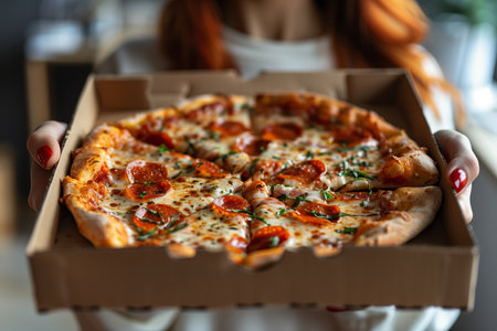 A woman is holding a pizza in her hands.の素材