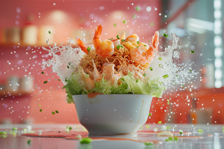 Spicy instant noodle and shrimp salad on a plate and pink table.の素材