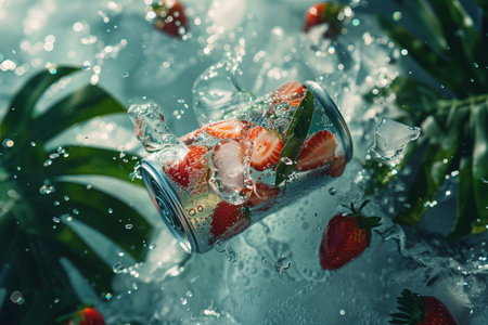 A can filled with ice cubes and vibrant red strawberries floats gracefully on the calm surface of water.の素材