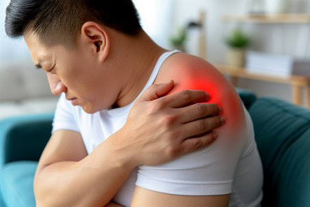 A man holds his sore shoulder. Pain in hand. The sore spot is highlighted in red. Close-up.の素材