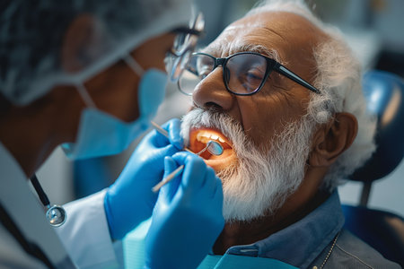 ENT physician examining mouth of a senior man.の素材