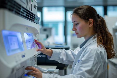 Laboratory technician in analytical laboratory using a cytology scanner.の素材
