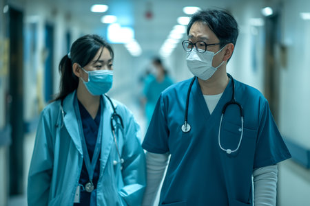 A man and woman wearing scrubs walk down a hospital hallway.の素材