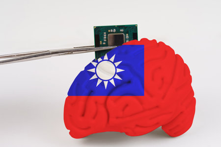 On a white background, a model of the brain with a picture of a flag - Taiwan, a microcircuit, a...