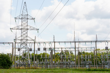 A large power line structure supported by sturdy towers, carrying multiple wires across the landscape.の写真素材