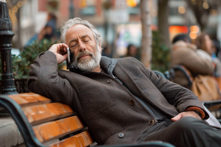 Businessman lying on a bench and talking on a smartphone. Business conceptの素材