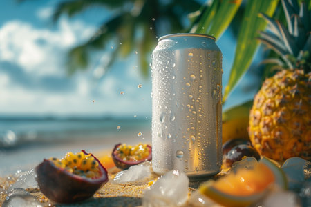 A can of soda placed on a sandy beach surrounded by an assortment of colorful fruits under the bright sun.の素材