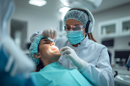 A woman is having her teeth examined by a dentist in a dental clinic. The dentist is checking for any signs of tooth decay or other dental issues.の素材