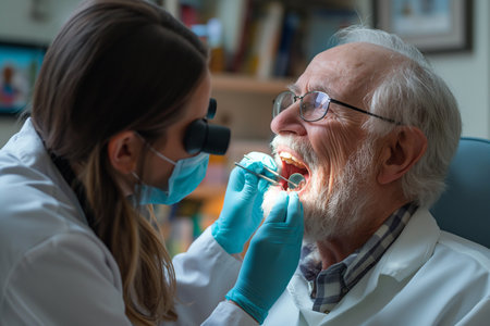 ENT physician examining mouth of a senior man.の素材