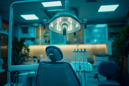 Interior of a dental room showing a dental chair under bright lights.の素材