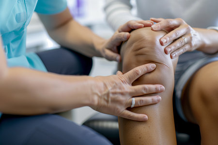 A healthcare professional is providing hands-on assistance to a patient during a knee rehabilitation session to aid recovery.の素材