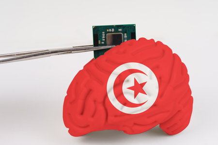 On a white background, a model of the brain with a picture of a flag - Tunisia, a microcircuit, a...